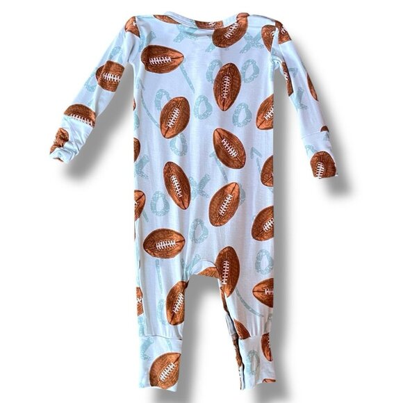 Posh Peanut Baby Romper Sz 3 to 6 Month Blue Brown Bamboo Football Print One Pc - Picture 4 of 5